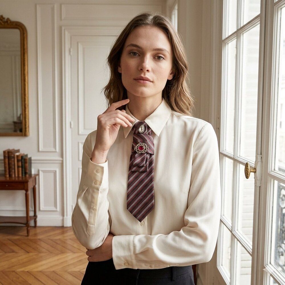 Elegant Striped Statement Necklace Necktie with Jewel Accent